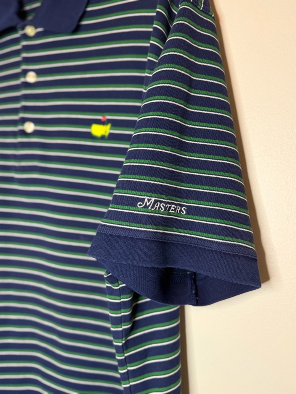 Masters Collection Mercerized Polo Shirt Green Blue Striped Logo Golf Mens L - Picture 7 of 9